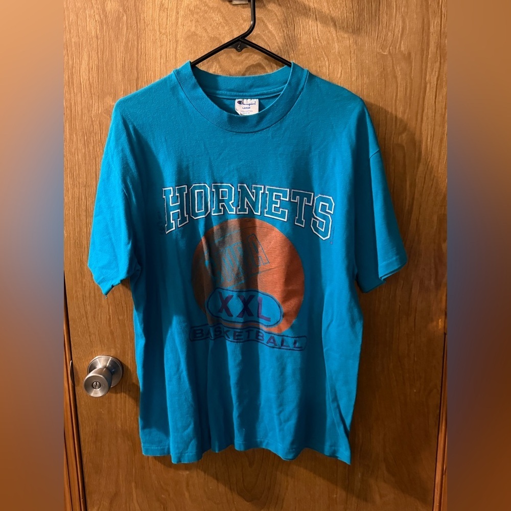 Vintage Charlotte Hornets T-Shirt Mens L Blue Single Stitch Champion Brand